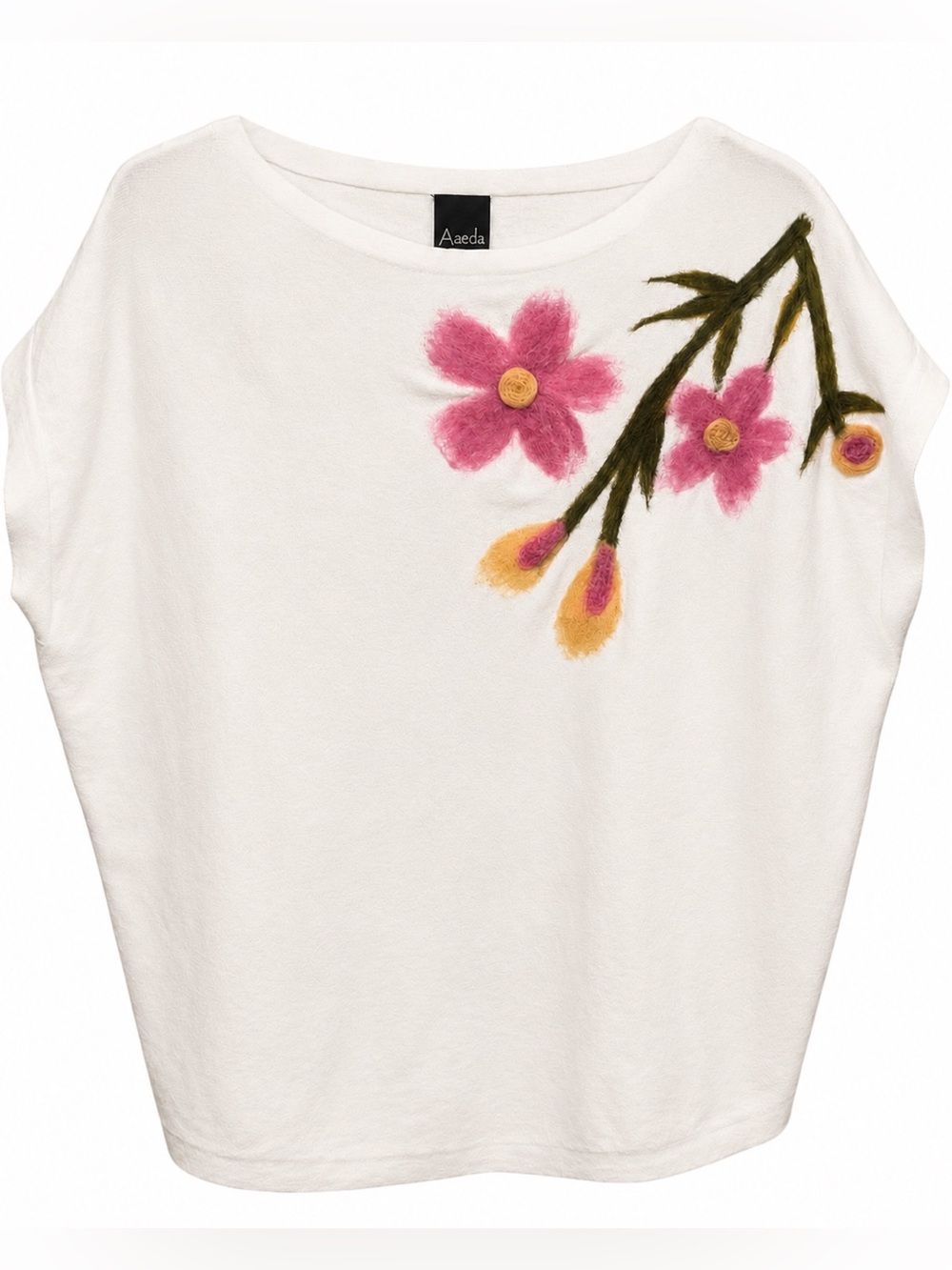 Aaeda White Felted Floral Sweater Top Medium Dolman Short Sleeve Boho Knit